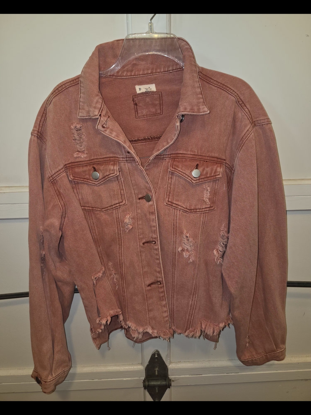 POL faded Red Distressed washed denim jacket with dreamcatcher back patch - Picture 2 of 3